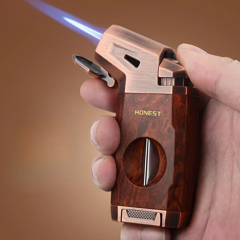 New High-end Cigar Lighter with Integrated V-shaped Cigar Cutter, Inflatable Windproof Lighter, Gift for Men