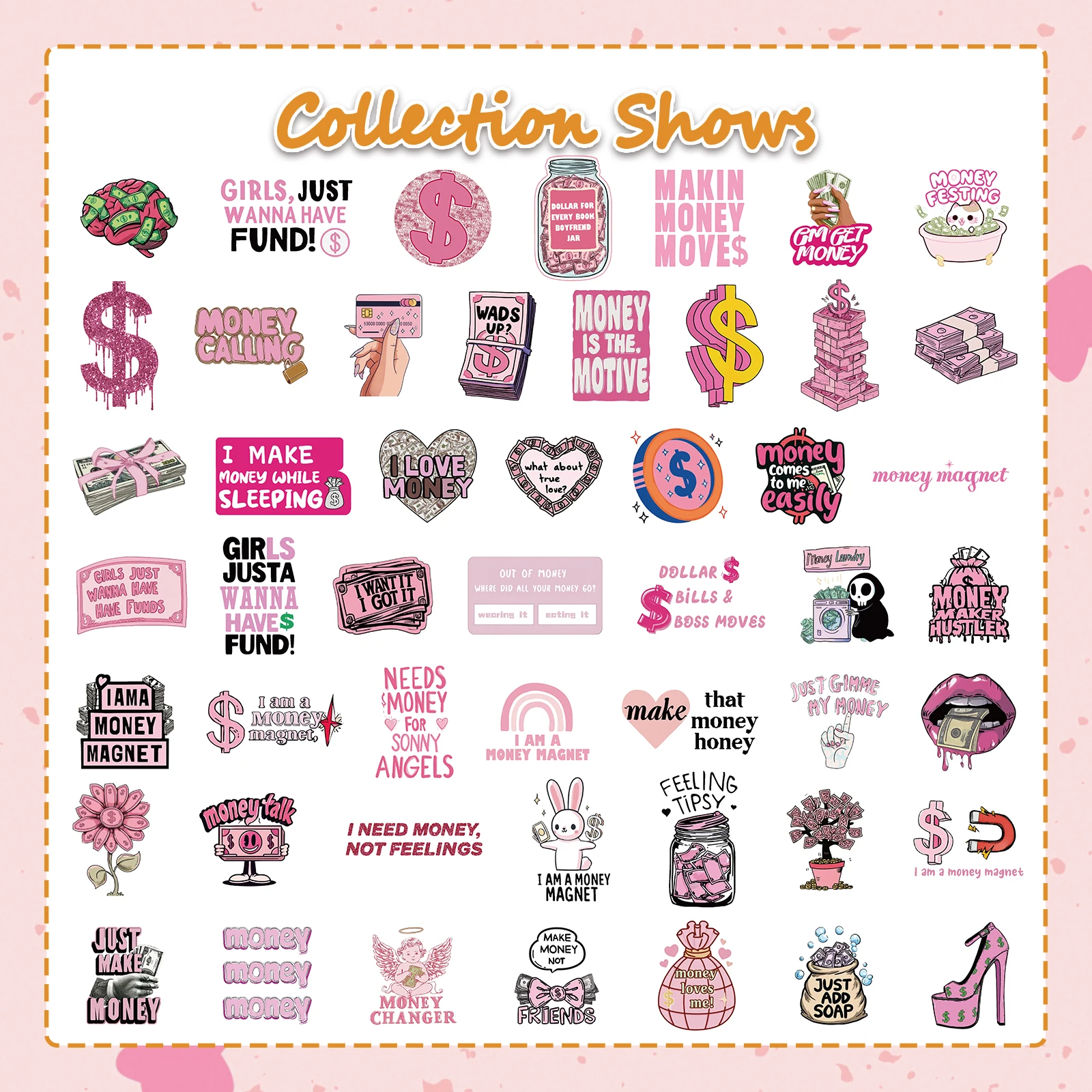50pcs Pink Money Stickers for Planner for Adults for Water Bottle Money Sign Symbol Stickers Party Favors Gift for Women & Men