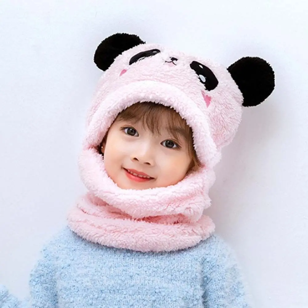 

With Scarf Full Face Cover Headwear Woolen Cashmere Inside Kids Bonnet Winter Fleece Hats Kids Caps Cartoon Panda Hats