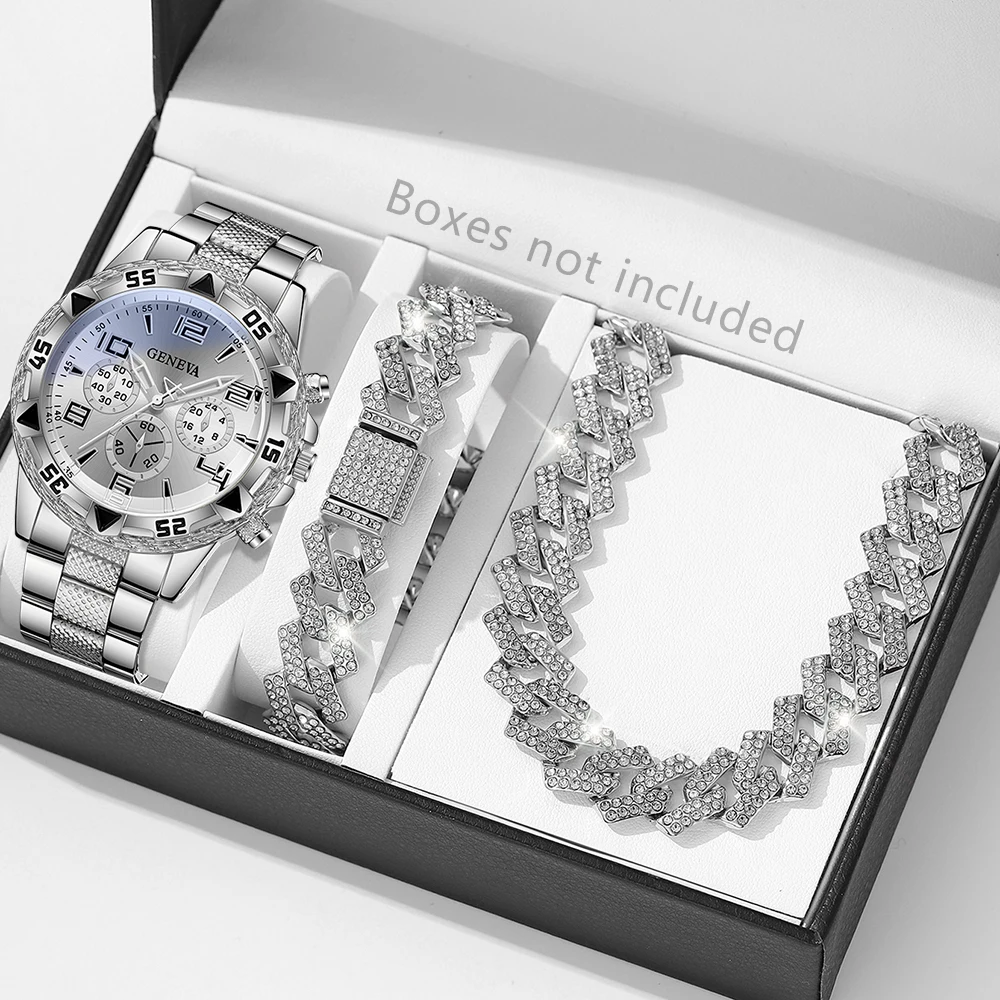 Geneva silver plate three eyed men's steel strap watch full diamond Cuban bracelet necklace three piece set,