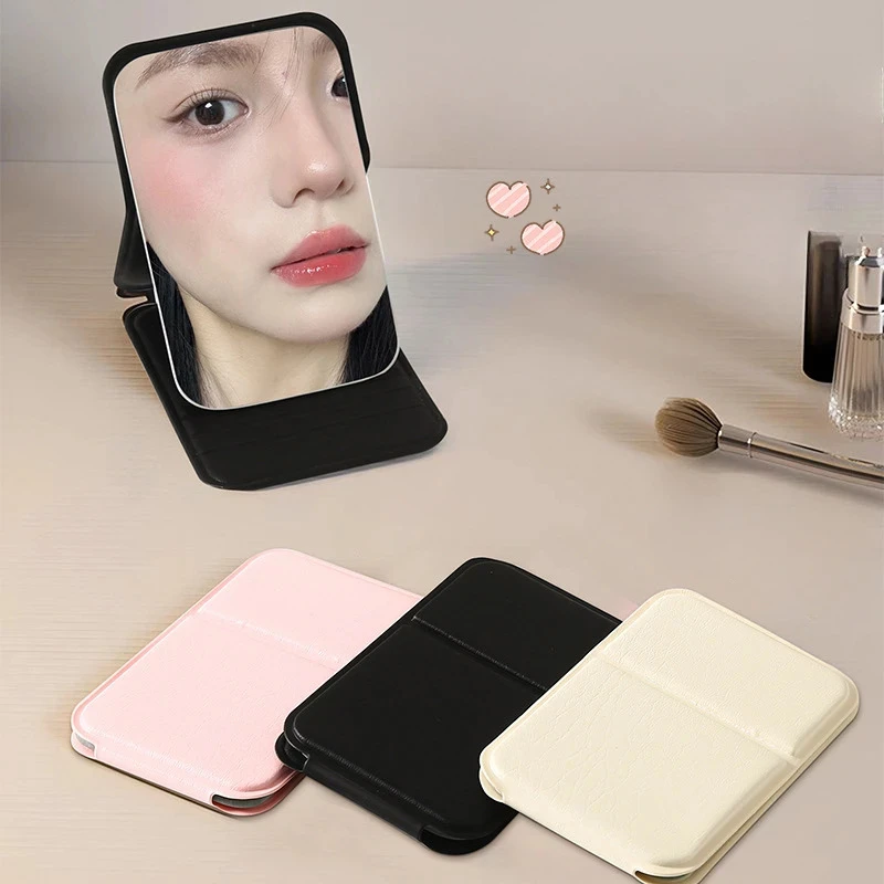 Simple Portable Handheld Foldable Mirror - Solid Color PU Leather Desktop Makeup Mirror & Student Compact Cute Pocket Mirror