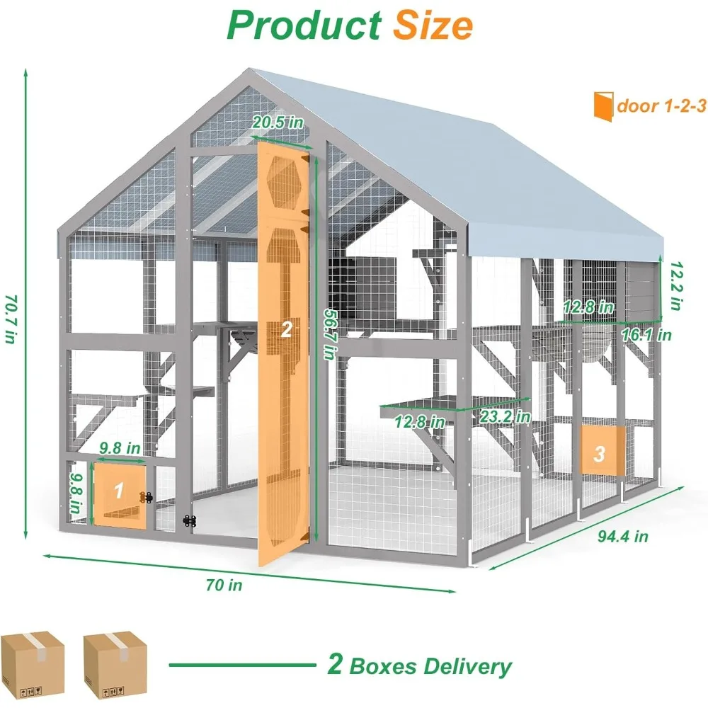 Walk-in Outdoor Pet House，Extra Large Catio Outdoor Cat Enclosure Waterproof for Multiple Cats, Catio Cat Run Cage with Bridges