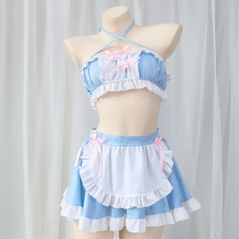 Süße Lolita Mädchen Neckholder Blau Weiß Rüschen Tube Top Rock Set Cosplay Maid Uniform Rückenfreie Pyjamas Pool Party Kellner Kostüme