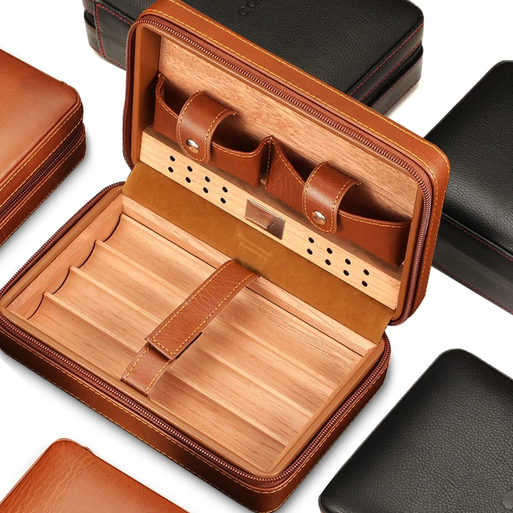 

Portable Humidor Cigar Leather Case With Humidifier 4 Tube Cigar Humidor Travel Box Cedar Wood Lined Cigars Case