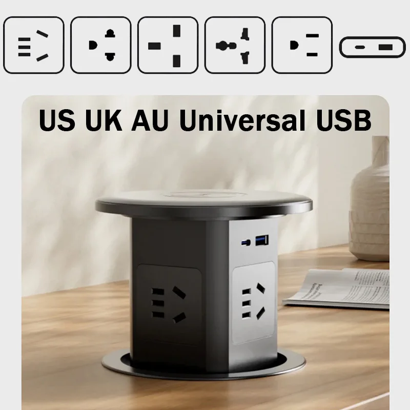 conjunto de soquete de energia de mesa pop up automatico eua reino unido adaptador de plugue au usb tipo c carregamento sem fio tabela oculta 01