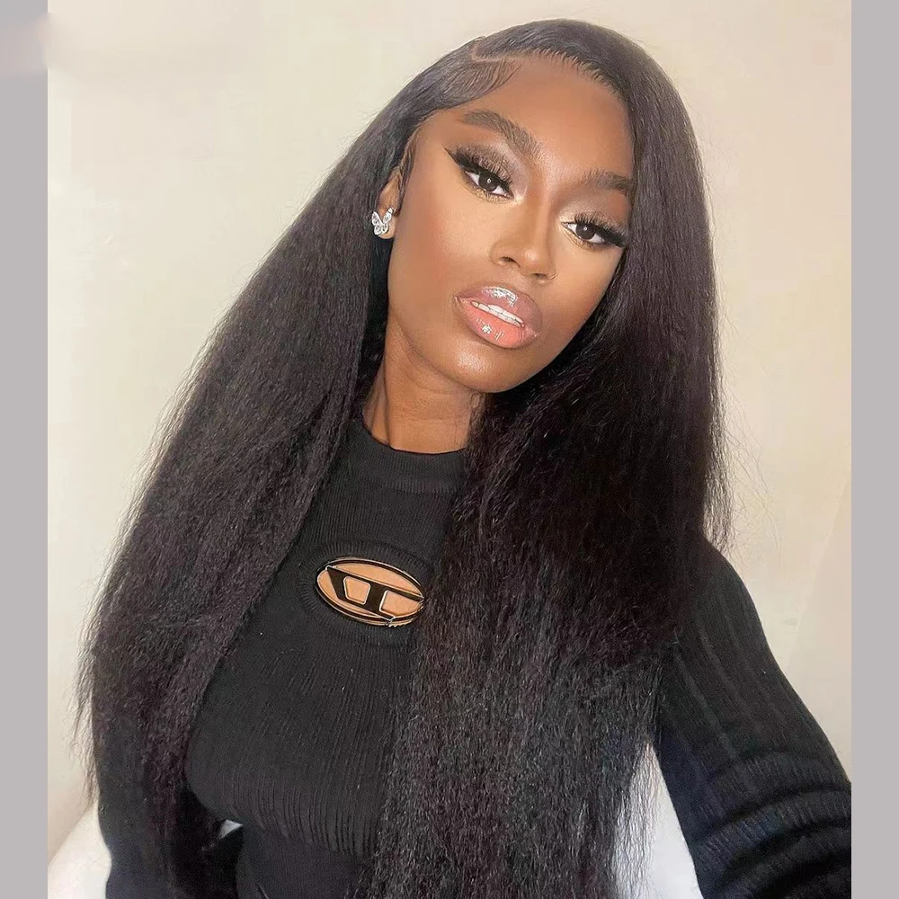 Soft Preplucked Deep 180%Density Glueless Yaki 26 Inch Long Kinky Straight Lace Front Wig For Women Babyhair Natural Black Daily