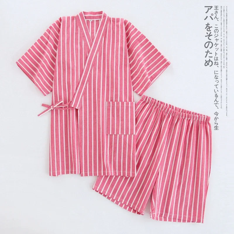 New 100% Cotton Thin Striped Pajamas for Men and Women Kimono Short-sleeved Shorts Pijamas Couple Summer V-Neck Home Clothes