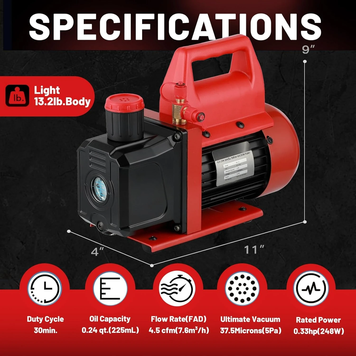 

4.5CFM 1/3HP Single-stage Vacuum Pump, 110V/60Hz Rotary Vane Vacuum Pump Household Air Conditioning Maintenance, No Oil Included