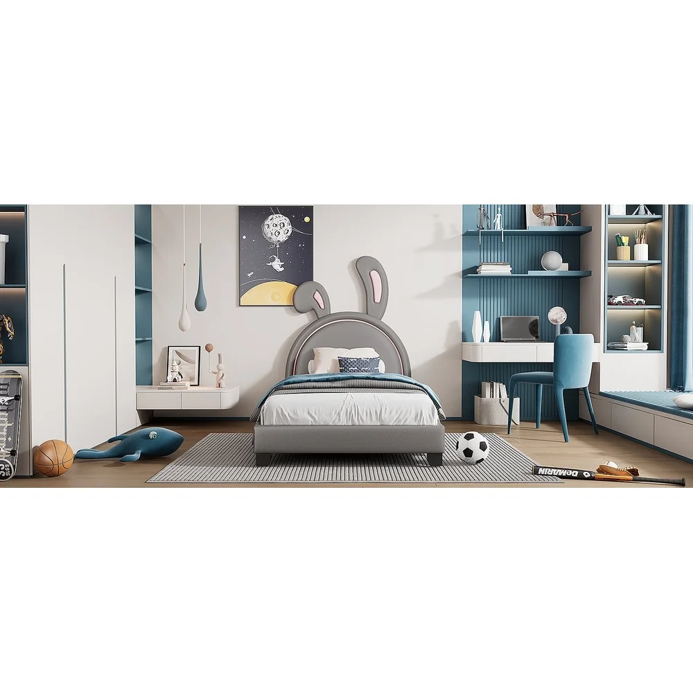 Upholstered Twin Size Platform Bed with Rabbit Ornament PU Leather Kids Bed Solid Pine Wood Frame Easy Assembly