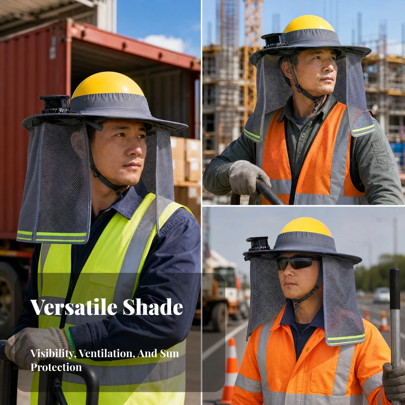 Helmet Sun Shade with Fan Cooling Hard Hat Shade with Solar Fans Helmet Neck Guard with Drape Ventilated Headwear Breathable
