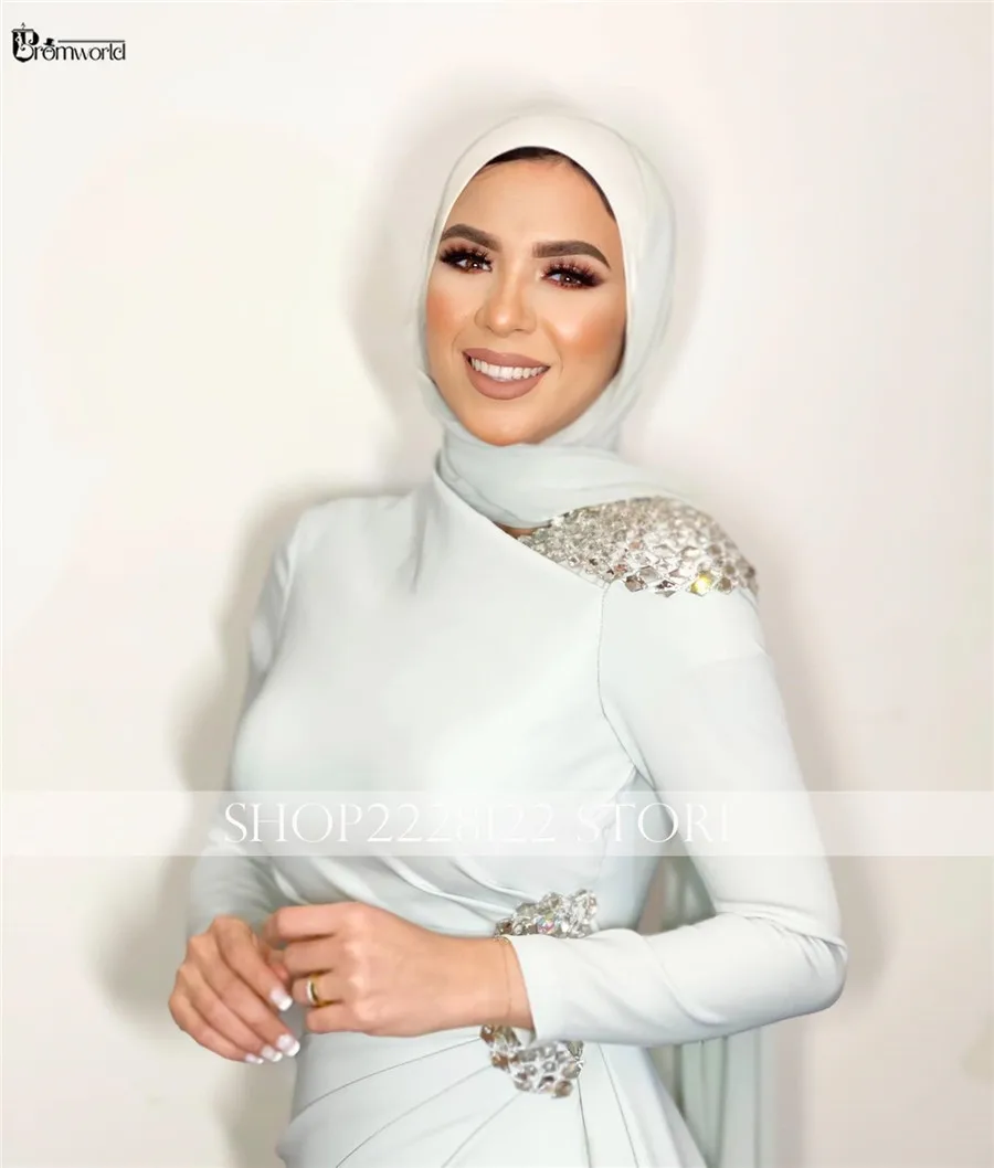 Blue Modest Formal Evening Dress Mermaid Crystal Chiffon Long Sleeve Evening Gown robe soirée luxe dubai