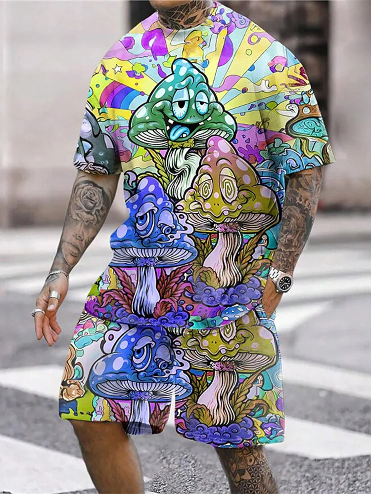 

The 2025 Summer Casual Men's Set Is A Creative Hip-hop Mushroom Print Street Fashion Outfit That Is Breathable And Comfortable