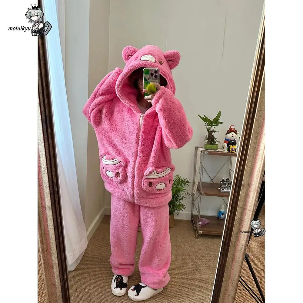 Women Gloomy Bear Hooded Pajamas Set Fleece Robe Winter Thick Coral Velvet Cartoon Zipper Loungewear Warm Fluffy Home Sleepwear