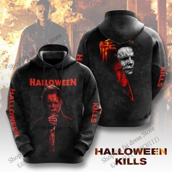 سترة Jason Hoodie للرجال بطباعة فيلم الرعب للذكرى الـ 45، بلوفر أسود وأحمر مع جيب الكنغر، سويت شيرت للجنسين ملابس الشارع الشهير
