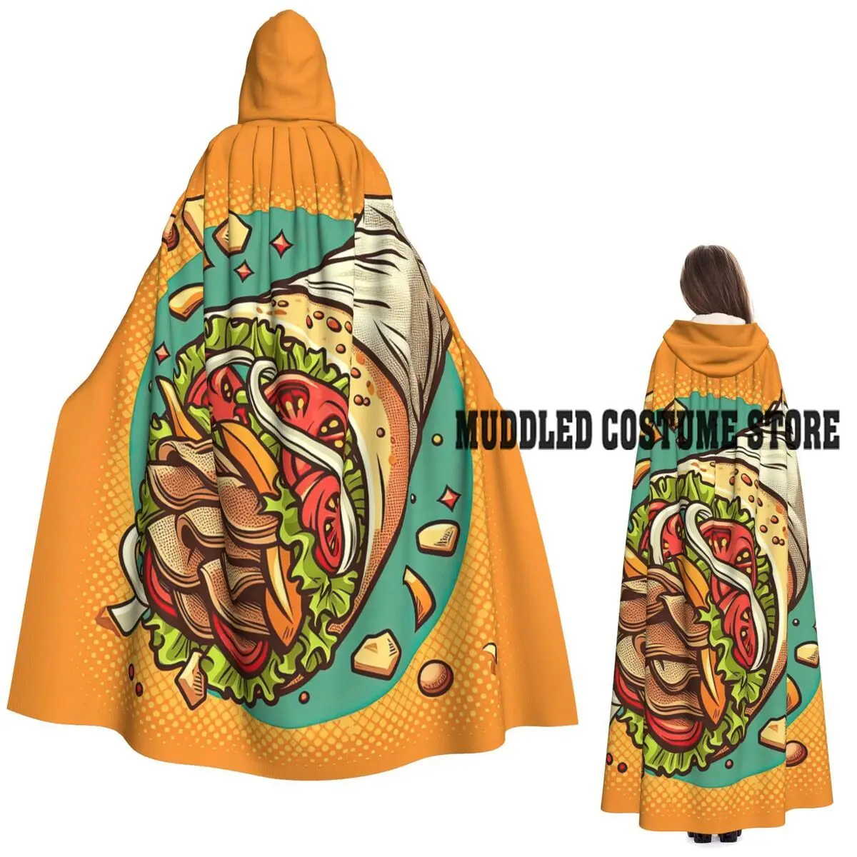 Doner Kebab estilo Pop Art capa larga con capucha disfraz Medieval de bruja capa de Cosplay abrigo de Halloween adulto Unisex