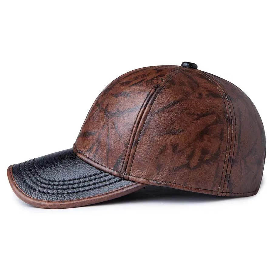 New Spring/Winter Man Genuine Leather Baseball Caps Print Splicing Male Casual Cowhide 55-60 Adjustable Sports Flight Hats