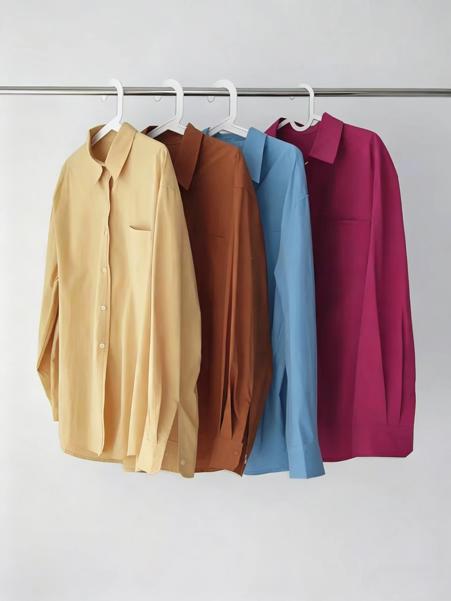 Camisa Casual de Algodão Azul, Camisas e Blusas Simples para o Dia a Dia, Camisas Sólidas de Primavera e Verão para Mulheres, Tops Oversized de Manga Longa