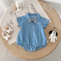 Korean-style summer baby solid color lapel shirt jumpsuit, male baby handsome bow tie single-breasted jumpsuit, very suitable fo 3