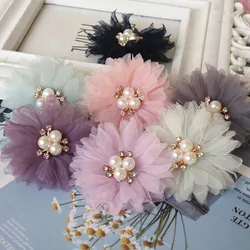 10PCS/Lot 6.5CM Pearl Center Handmade DIY Fabric Flowers Hair Accessories Dress Shoes Hats Decoration