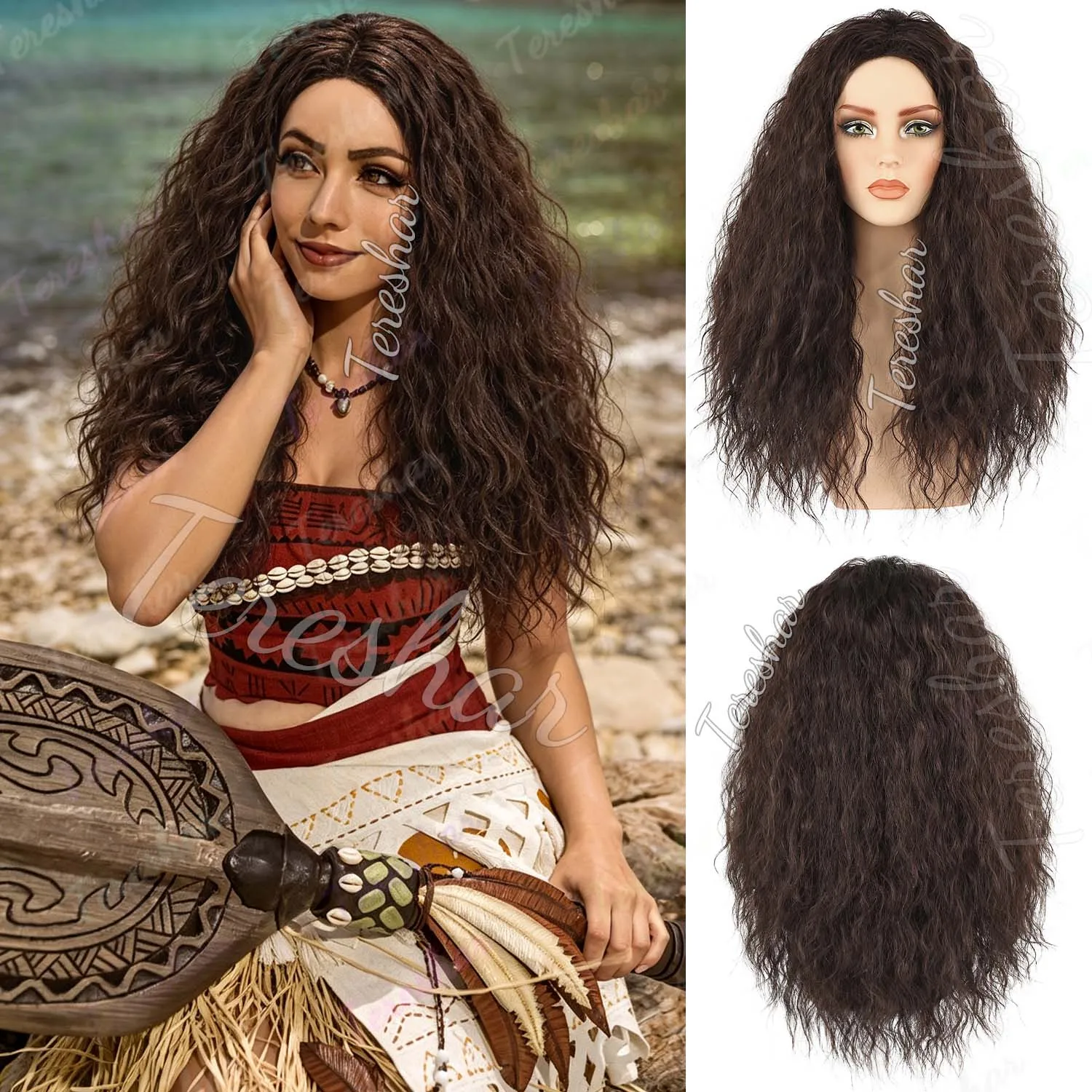 Synthetic Ocean Romance Cosplay Wig Princess Moana Long Curly Brown Wig,Multi Colored Wigs for Movie Costume Party Halloween
