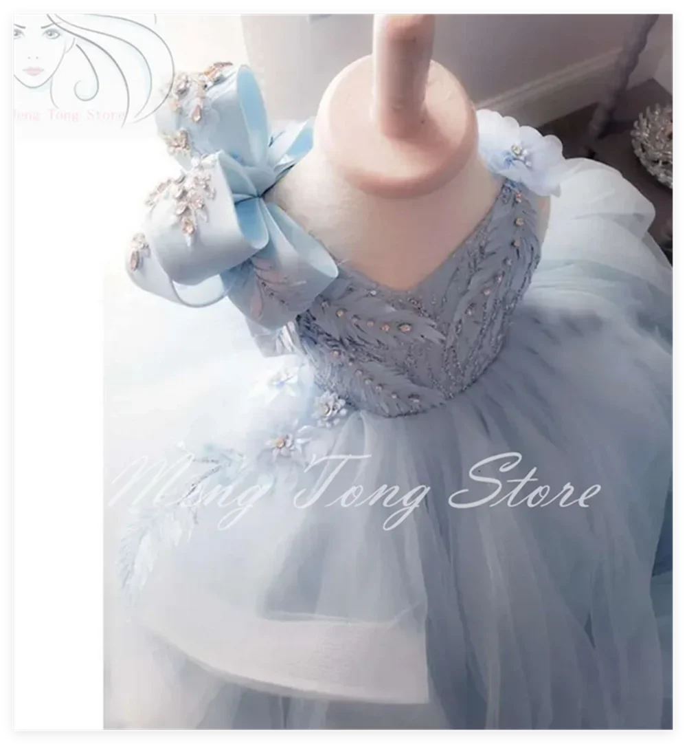 Vneck Blue Gowns Pageant Made Sleeveless Bow Sequins Beaded Lace Flower Girl Dress Tiered Tulle Sweep Train Kids Party Gown