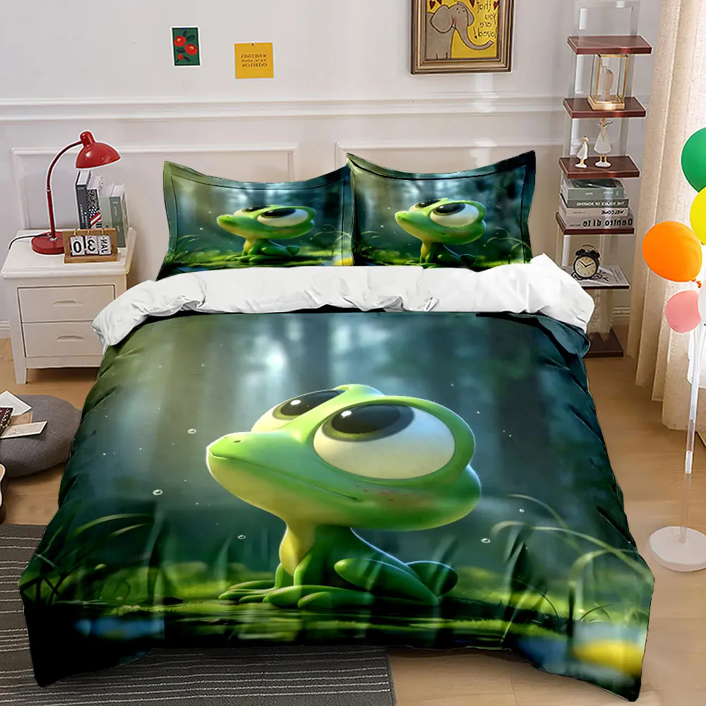 Cute big-eyed frog in forest Print Bedding Set 1 Duvet Cover 2 Pillowcases for Adult and Children Luxury Gift Full Size