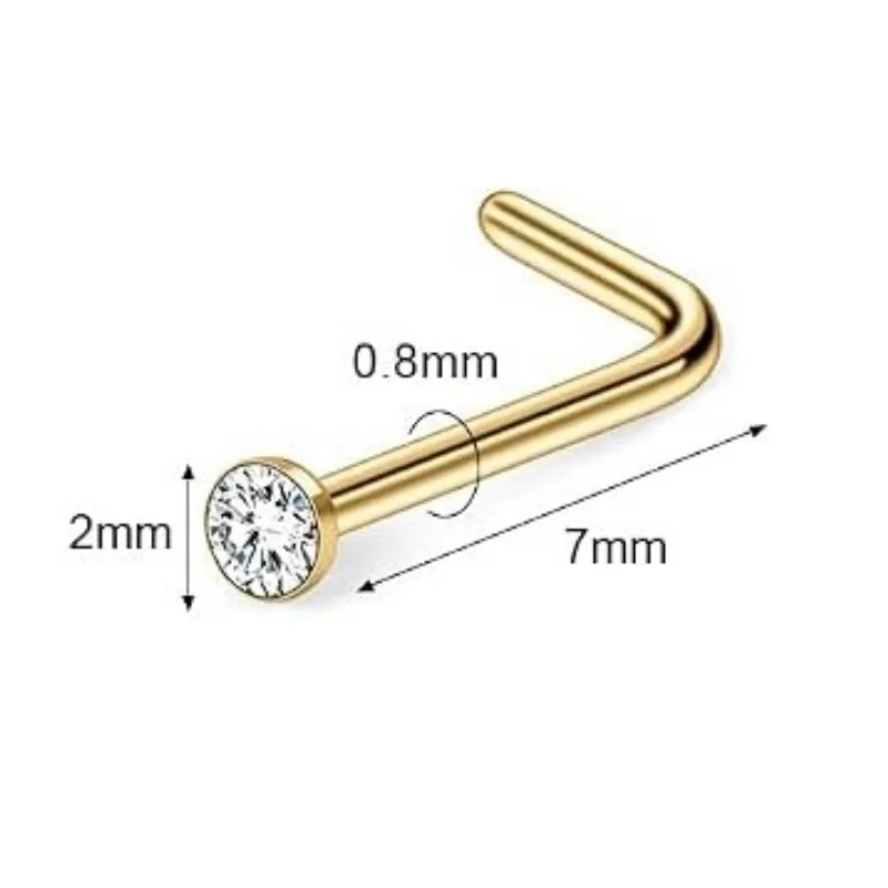 10PCS 20G 2mm Jeweled Diamond CZ Nose L Shaped Studs Rings Piercing Jewelry Corkscrew Nostril Piercing Nose Studs