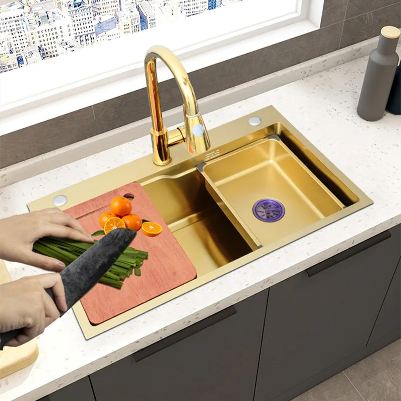 Golden Kitchen Sink 304 Stainless Steel Sink Nano Multifunctional Stepped Large Single Tank With Faucet Kitchen Decoration Home