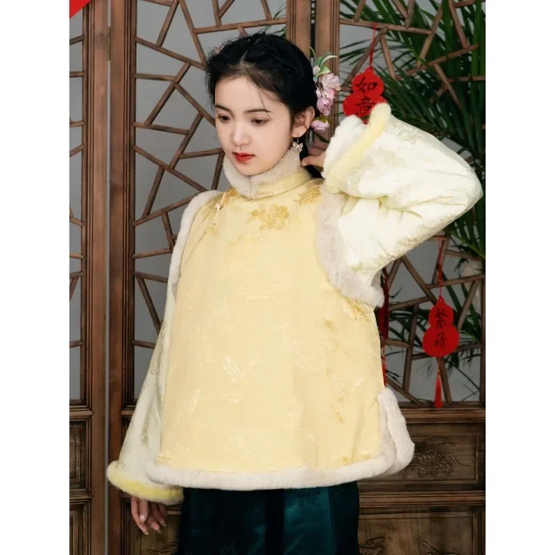 Chinese Traditional Women Clothing Yellow Velvet Jacquard Warm Waistcoat Stand Up Collar Sleeveless Vest Online Chinese Store