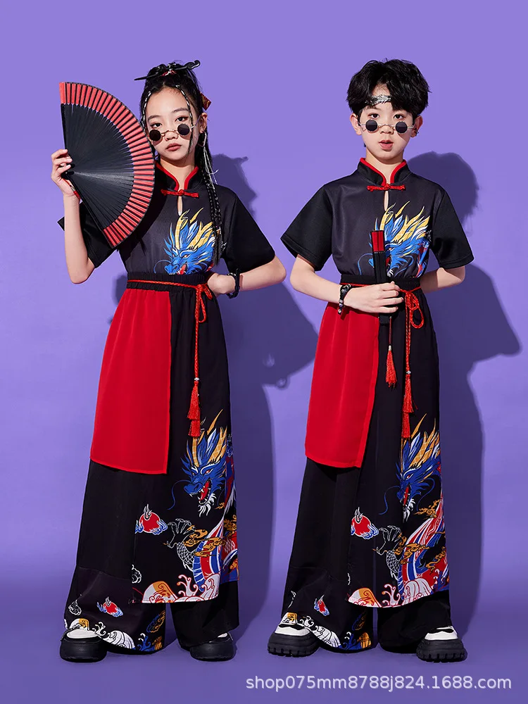 Kid Chinese Hip Hop Clothing Dragon Print Clothes Set Red Black Top Casual Wide Leg Pants for Girl Boy Dance Costume