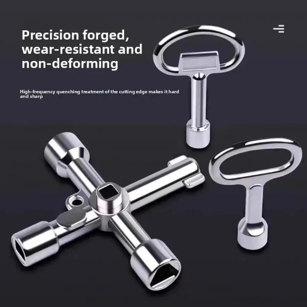 4-in-1 Multi-Function Silver Key Wrench Tool for Electric Control Cabinets Valves Elevators with Hex Square Screwdriver Bits
