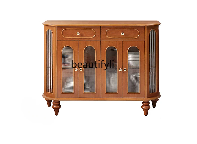 

French Solid Wood Vintage Sideboard Cabinet Cherrywood Simple and Light Luxury Cream Style Side Cabinet