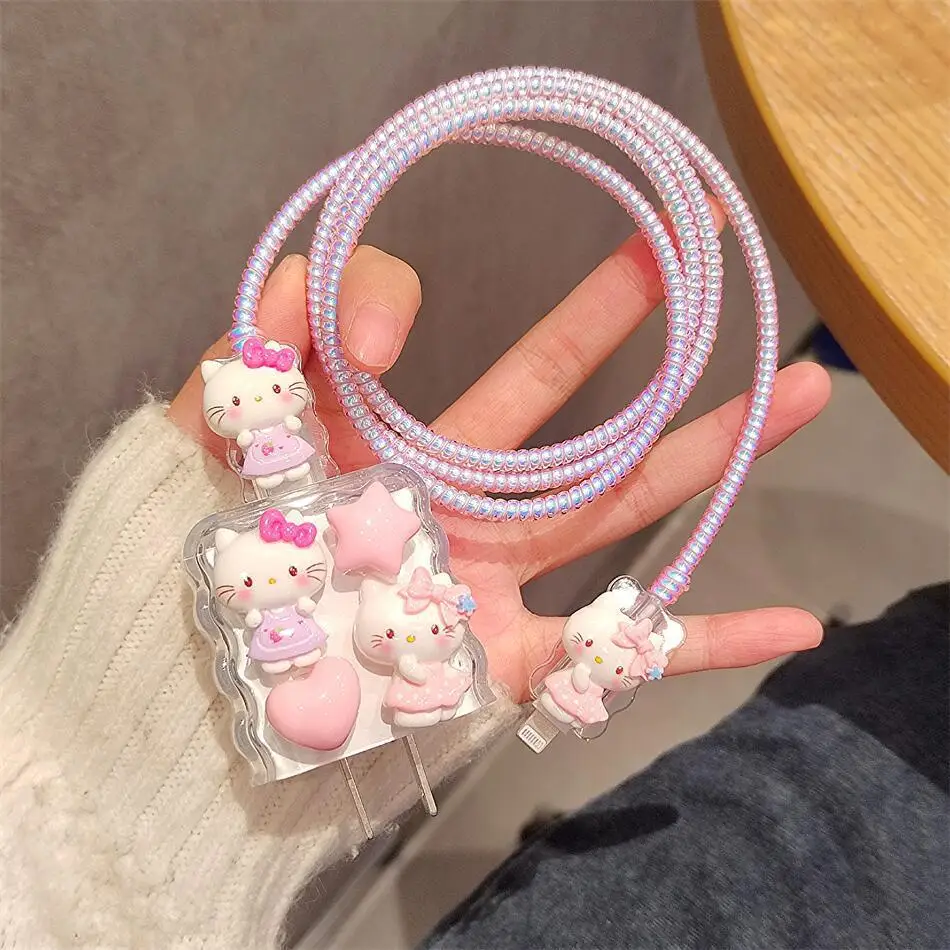 

4Pcs/set Cable Protector for iPhone / iPad 18W/20W Charger Protection Cartoon Hello Kitty Protector Cable Winder Accessories