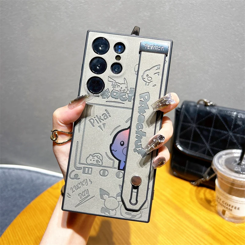 일본 애니메이션 귀여운 P-포켓몬 레이저 손목 스트랩 거치대 모피 방지 케이스, 삼성 S22 S23 S24 울트라 S25 P-포켓몬 스웨이드 가죽
