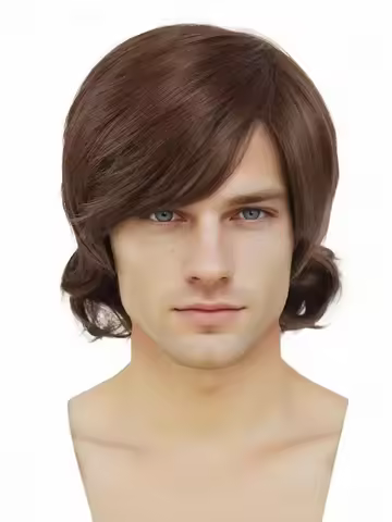 Synthetic Hair Brown Wig with Bangs Short Curly Wig for Men Man Male Guys 70s Disco Party Costume Use Cosplay Anime Shaggy Wigs