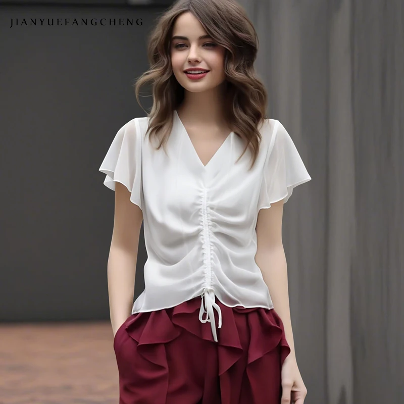 Womens Summer White Drawstring Chiffon Top Short Sleeve V-Neck Lightweight Casual Blouses