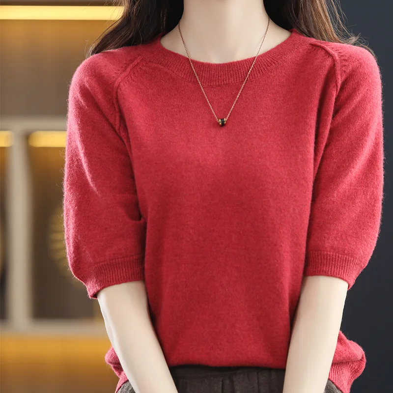 Spring New 100%Pure Wool T-Shirt Ladies Round Neck Knit Short Sleeve Loose Cashmere Sweater Summer Wild Knit Pullover Base Tops