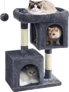 FEANDREA scratching post M-XL cat tree with 2 cottages sisal trunks compact