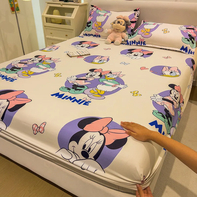 Mickey Disney Bedspread Three Piece Set Stitch Fitted Sheet Anime Mattress Protective Cover Dust-Proof Cartoon Soft Bedspread