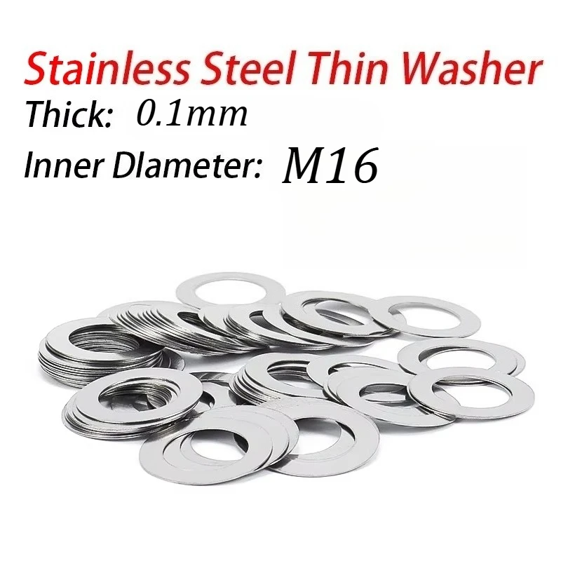 100Pcs Thick 0.1 M16 Stainless Steel Ultra Thin Shim Adjusting Flat Washer High precision Gasket
