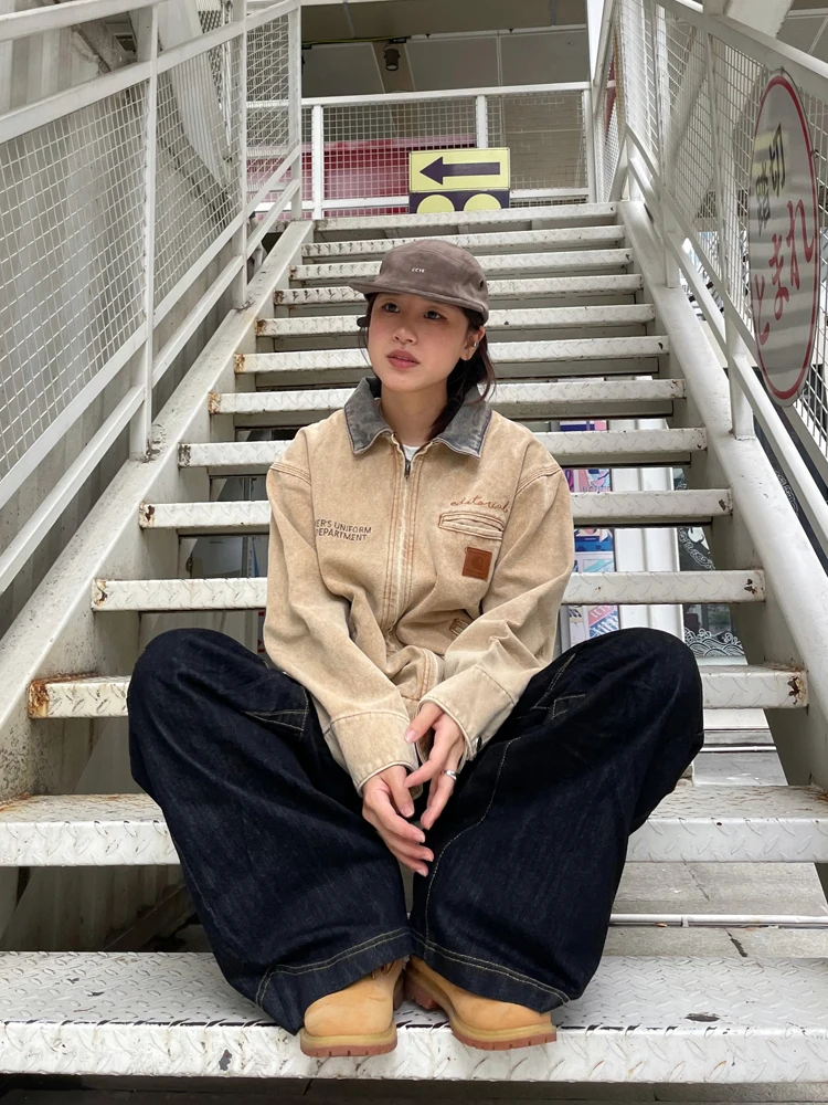 

Джинсовая рабочая одежда Waed Jaet ex, весенне-осенняя уличная одежда, свободный крой, воротник, застежка-молния, хлопковая верхняя одежда