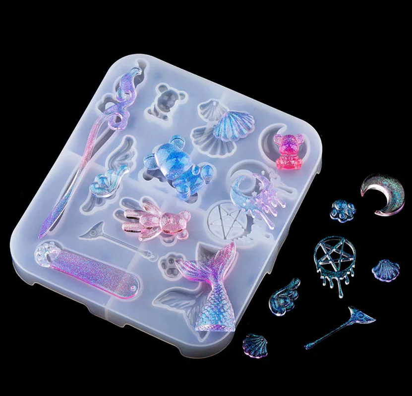 1pcs Multi-Functional Bear Fish Tail Silicone Epoxy Resin Mold for  Jewelry Making Tools DIY Pendant Necklace