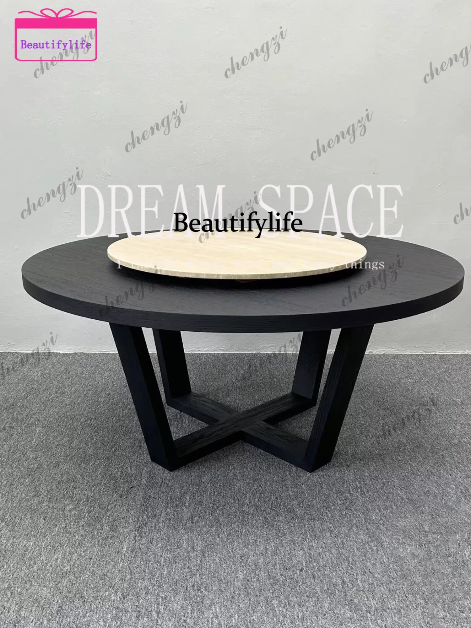 Medieval round solid wood turntable dining table art travertine simple eating table small apartment