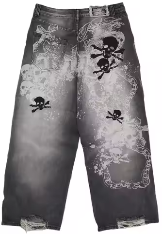 American New Skull Embroidery Casual Baggy Jeans Women Y2K Street Harajuku Vintage Gothic High Waist Joker Wide Leg Pant Trouser
