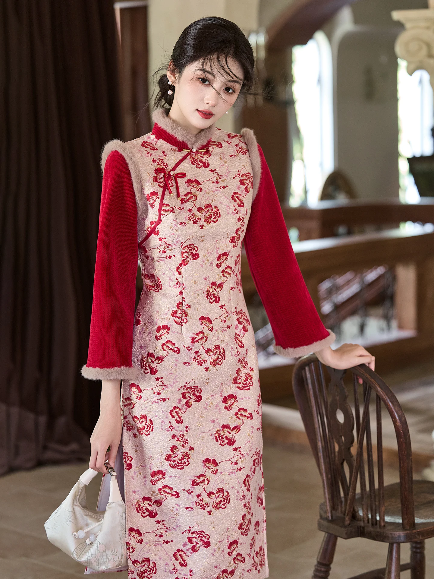 

Red Velvet Thiened Winter Flag Robe Chinese Sle New Year Visit Clothes Women's Long Sve Long Dr Floral Patterned