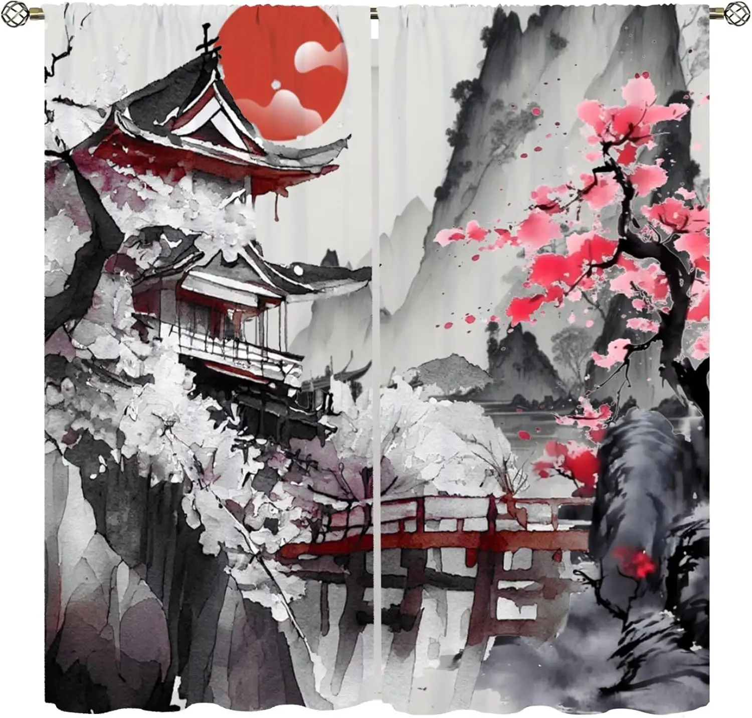 Watercolor Japanese Curtains Abstract Black White Ink Art Pink Cherry Blossoms Nature Landscape Pattern Decor Drapes for Bedroom