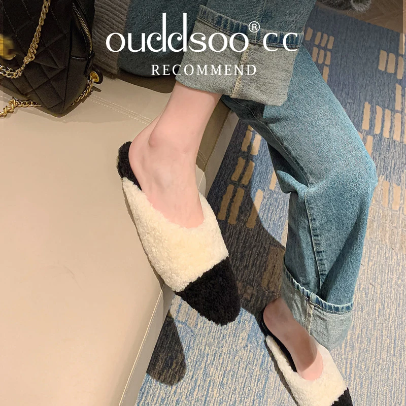 

Ods Autumn Winter Flat Slippers Fashion Round Toe Women Shoes Concise Real Fur Shoes Women Zapatos De Mujer Size 35-40 Hot Panda