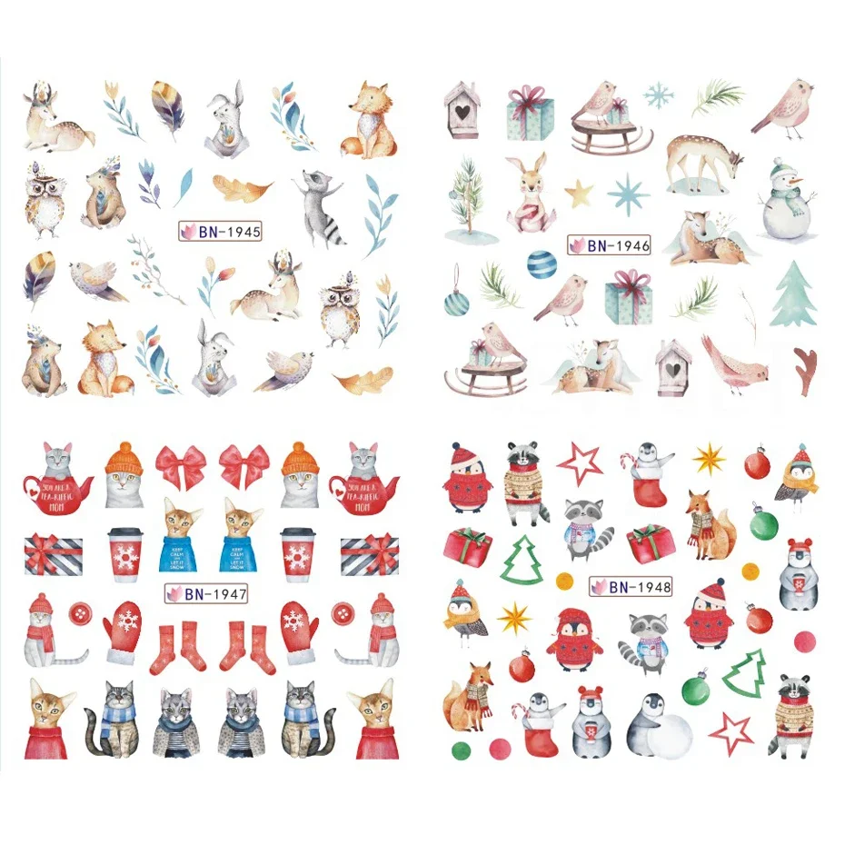 12pcs Cute Christmas Nail Stickers Cartoon Animal Design Penguin Bird Cat Dog Bear Nail Slider Water Decals Decoration Manicure