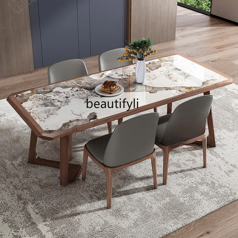 

Stone Plate Dining Table Household Solid Wood High-End Black Walnut Light Luxury Bright Pandora Dining Tables and Chairs