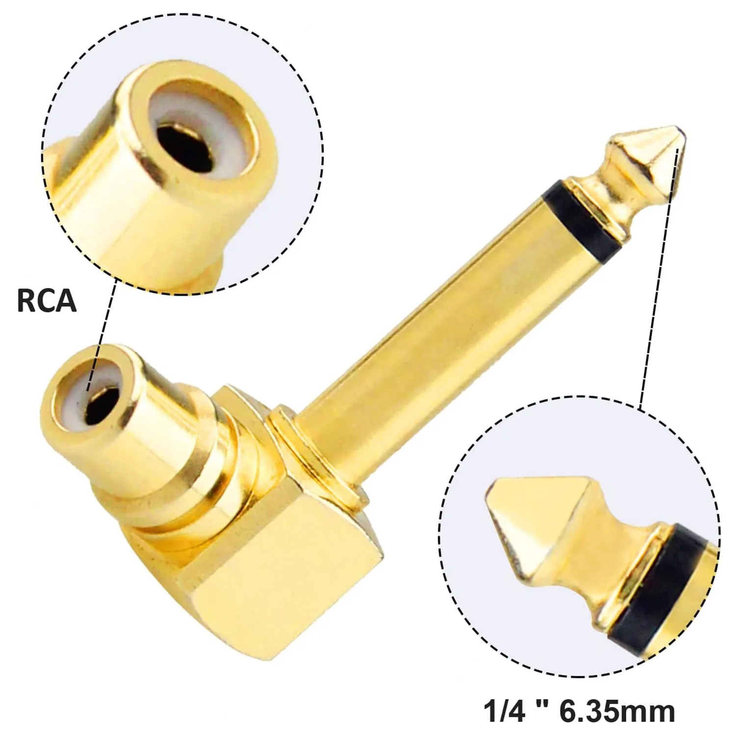 1 szt. Złota miedź RCA Phono żeńskie do 6,35 mm 1/4 "męskie Mono kątowe prawdziwe słuchawki audio gitara złącze adaptera mikrofonu — zdjęcie produktu 5